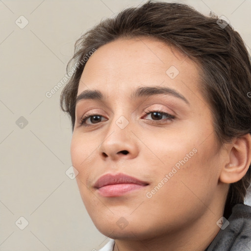 Neutral white young-adult female with medium  brown hair and brown eyes