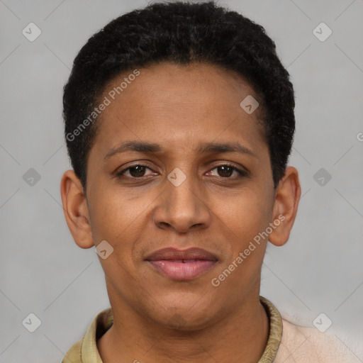 Joyful black young-adult female with short  black hair and brown eyes