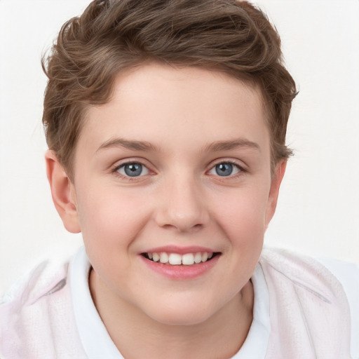 Joyful white child female with short  brown hair and grey eyes