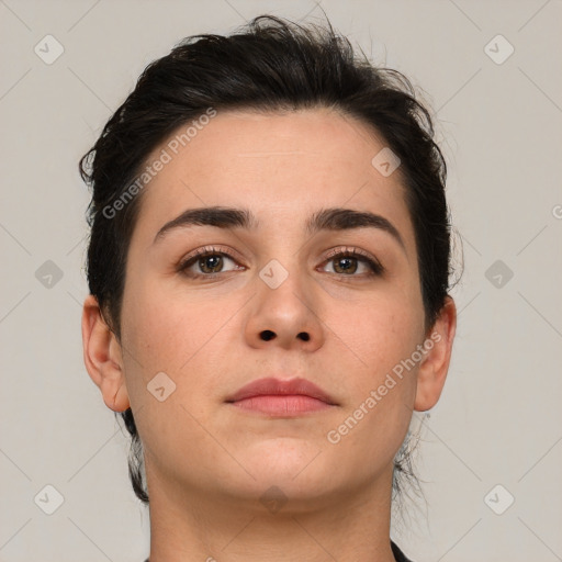 Neutral white young-adult female with short  brown hair and brown eyes