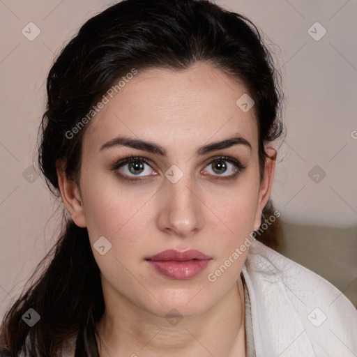 Neutral white young-adult female with medium  brown hair and brown eyes