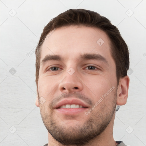 Neutral white young-adult male with short  brown hair and grey eyes