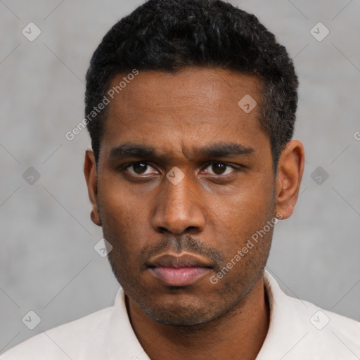 Neutral black young-adult male with short  black hair and brown eyes