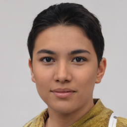 Neutral asian young-adult female with short  brown hair and brown eyes