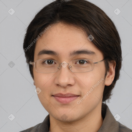 Joyful white young-adult male with medium  brown hair and brown eyes