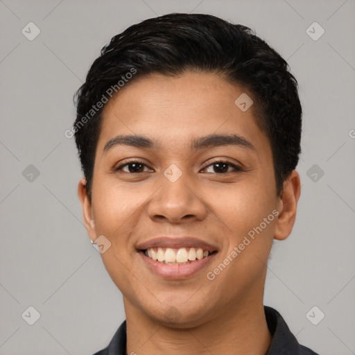 Joyful latino young-adult female with short  black hair and brown eyes