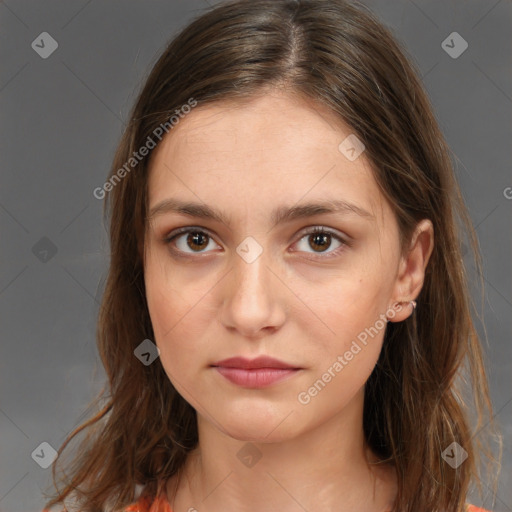 Neutral white young-adult female with medium  brown hair and brown eyes