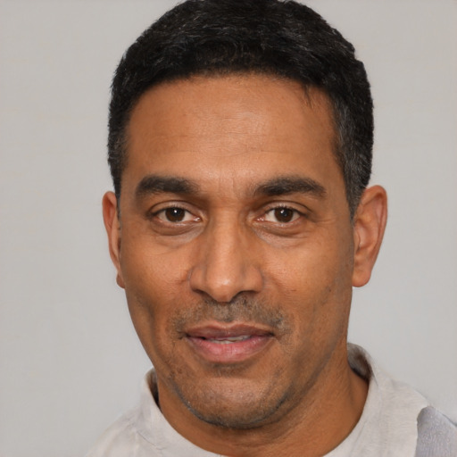 Neutral latino adult male with short  black hair and brown eyes