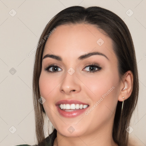 Joyful white young-adult female with medium  brown hair and brown eyes