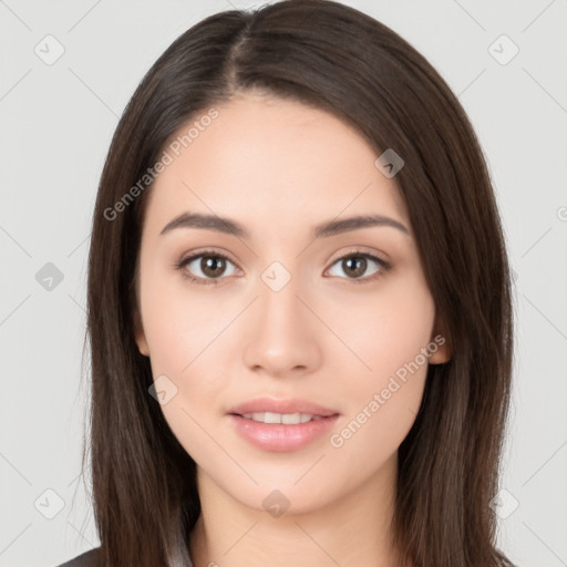 Neutral white young-adult female with long  brown hair and brown eyes