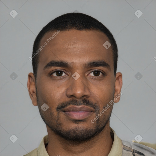 Neutral black young-adult male with short  black hair and brown eyes