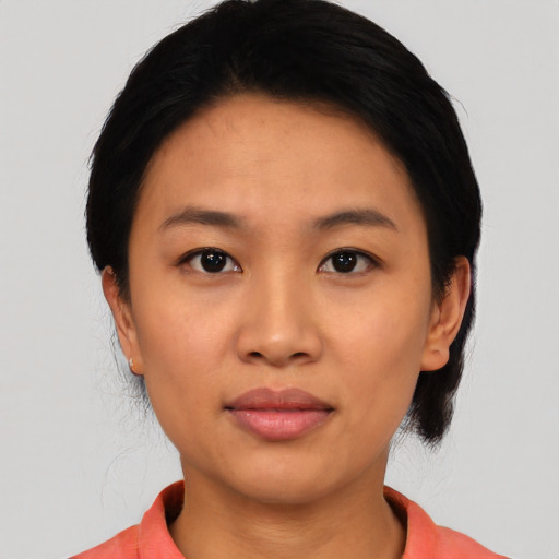 Neutral asian young-adult female with medium  black hair and brown eyes