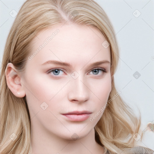 Neutral white young-adult female with long  brown hair and blue eyes