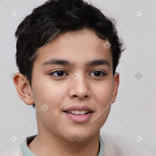 Joyful white child male with short  brown hair and brown eyes