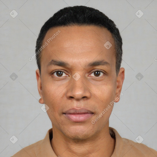 Neutral latino young-adult male with short  black hair and brown eyes