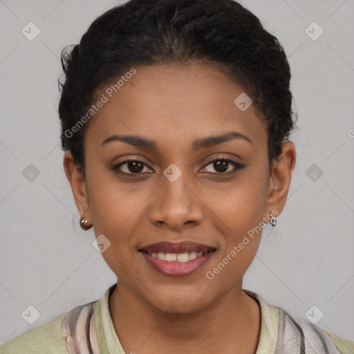 Joyful latino young-adult female with short  brown hair and brown eyes