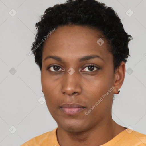 Neutral black young-adult female with short  black hair and brown eyes