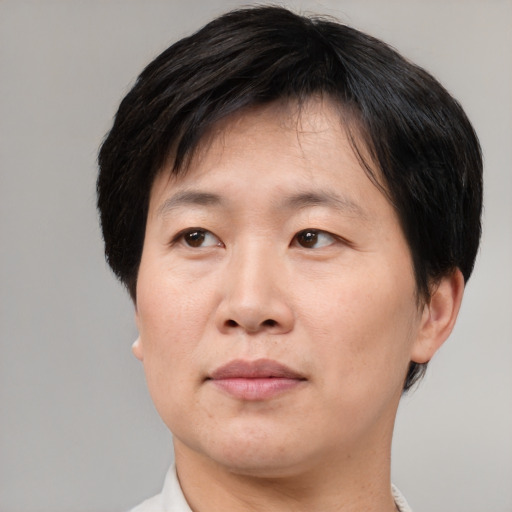 Neutral asian adult male with short  brown hair and brown eyes