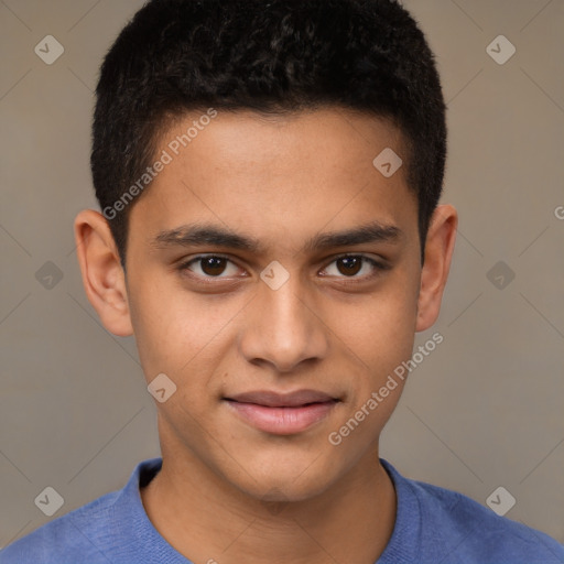 Joyful latino young-adult male with short  brown hair and brown eyes