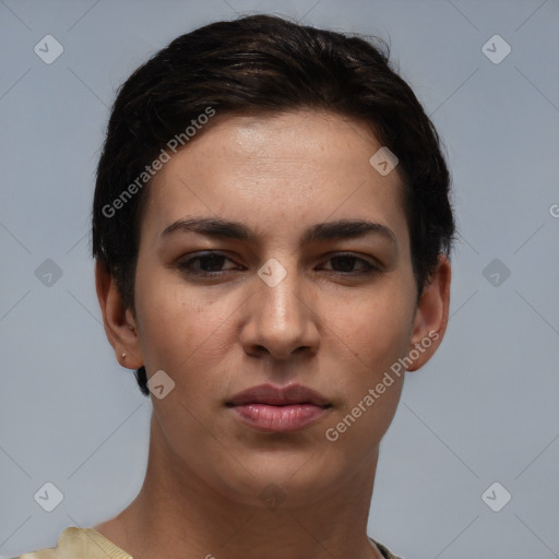 Joyful white young-adult female with short  brown hair and brown eyes