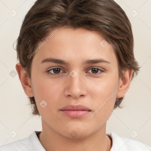 Neutral white young-adult female with short  brown hair and brown eyes