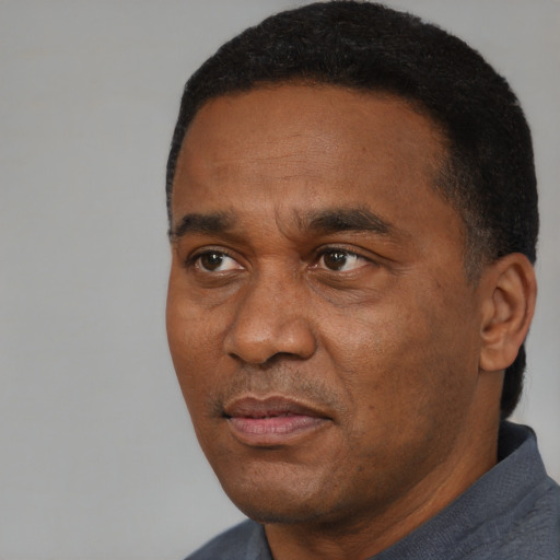Joyful black adult male with short  black hair and brown eyes