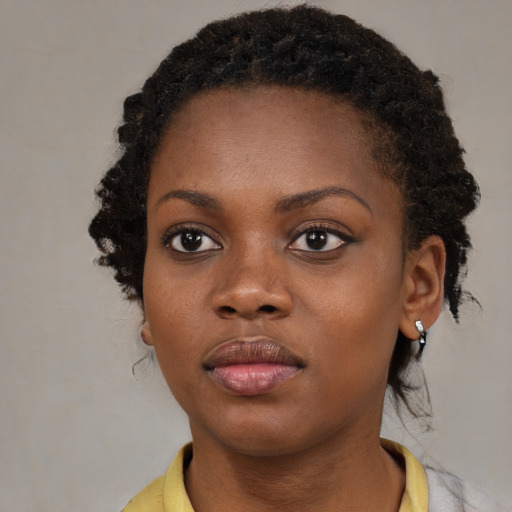 Neutral black young-adult female with short  brown hair and brown eyes