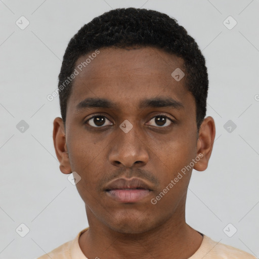 Neutral black young-adult male with short  black hair and brown eyes