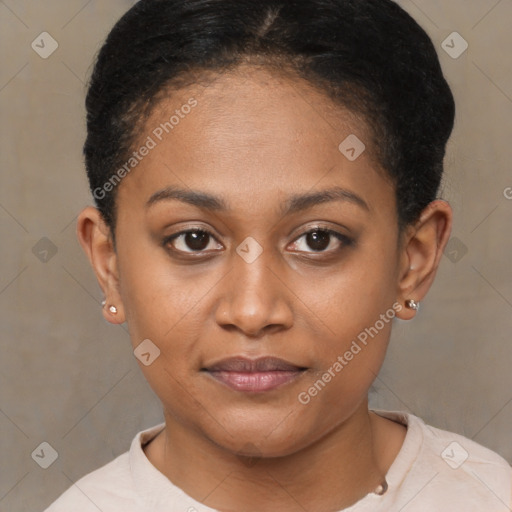 Joyful latino young-adult female with short  brown hair and brown eyes