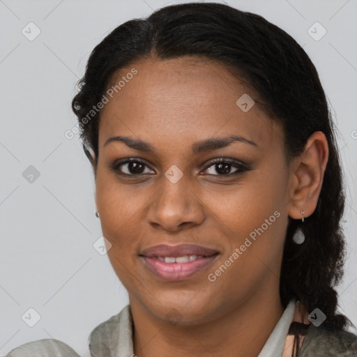 Joyful black young-adult female with medium  brown hair and brown eyes