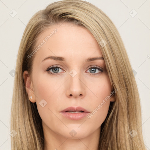 Neutral white young-adult female with long  brown hair and brown eyes