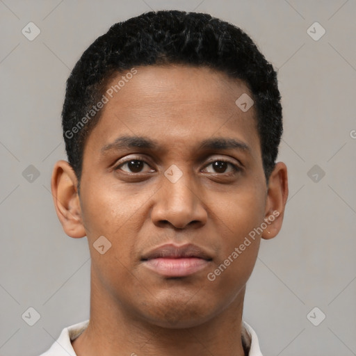 Neutral black young-adult male with short  black hair and brown eyes