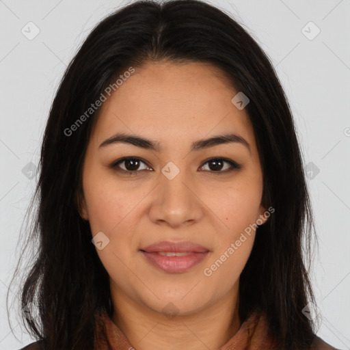 Joyful latino young-adult female with long  brown hair and brown eyes