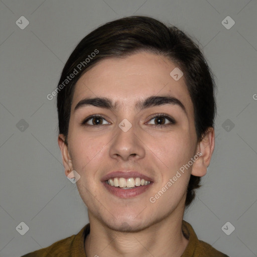 Joyful white young-adult female with medium  brown hair and brown eyes