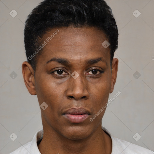 Neutral latino young-adult female with short  black hair and brown eyes