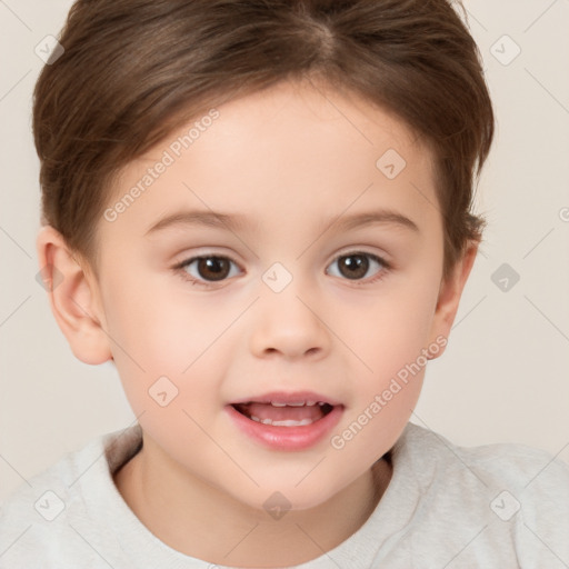 Joyful white child female with short  brown hair and brown eyes