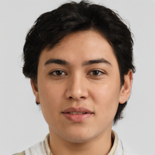 Joyful white young-adult male with medium  brown hair and brown eyes