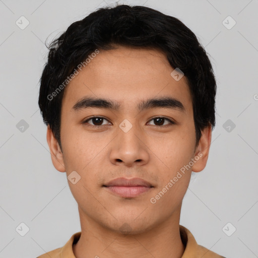 Neutral asian young-adult male with short  black hair and brown eyes