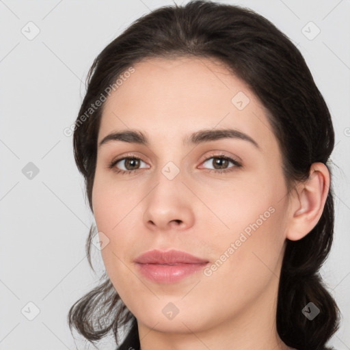 Neutral white young-adult female with long  brown hair and brown eyes