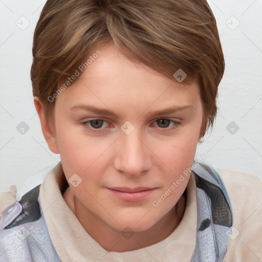 Joyful white child female with short  brown hair and blue eyes