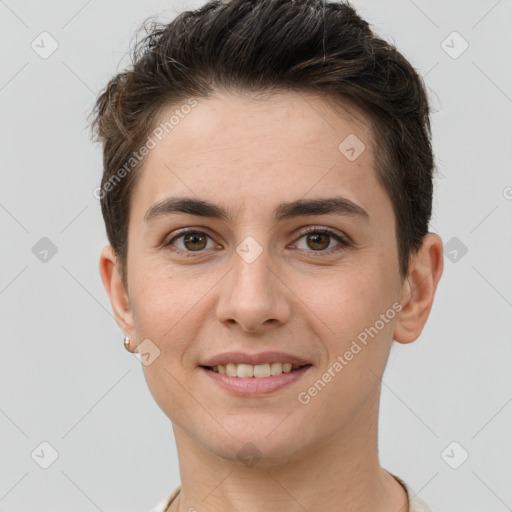 Joyful white young-adult female with short  brown hair and brown eyes