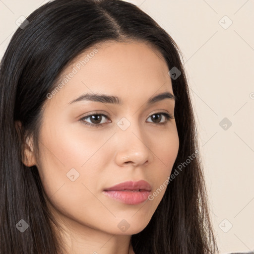 Neutral white young-adult female with long  brown hair and brown eyes