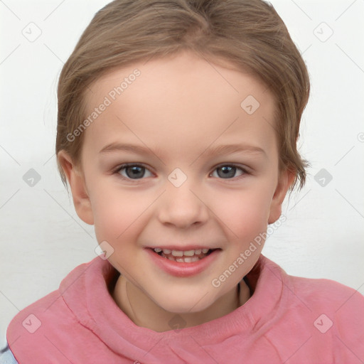 Joyful white child female with short  brown hair and brown eyes