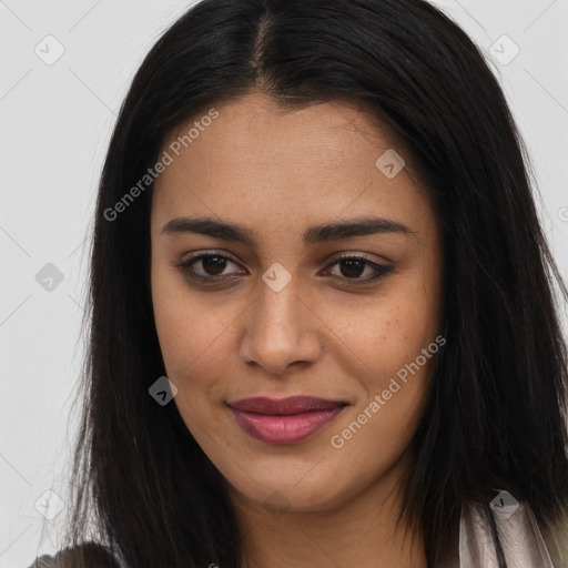 Joyful asian young-adult female with long  brown hair and brown eyes