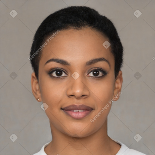 Joyful latino young-adult female with short  black hair and brown eyes