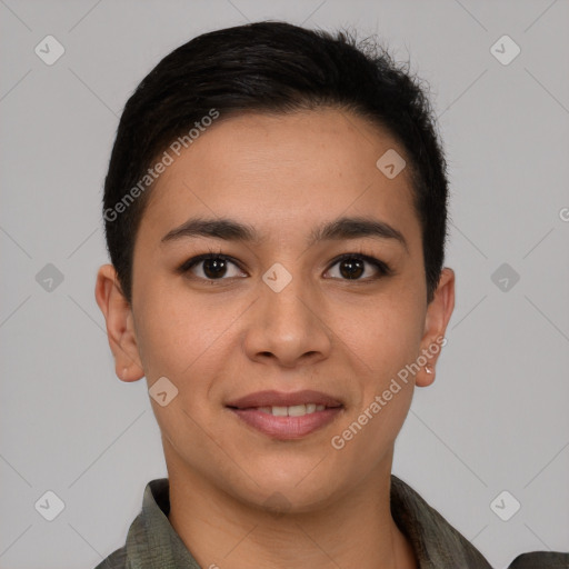 Joyful asian young-adult female with short  brown hair and brown eyes