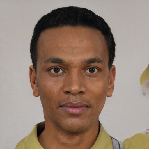 Neutral black young-adult male with short  black hair and brown eyes