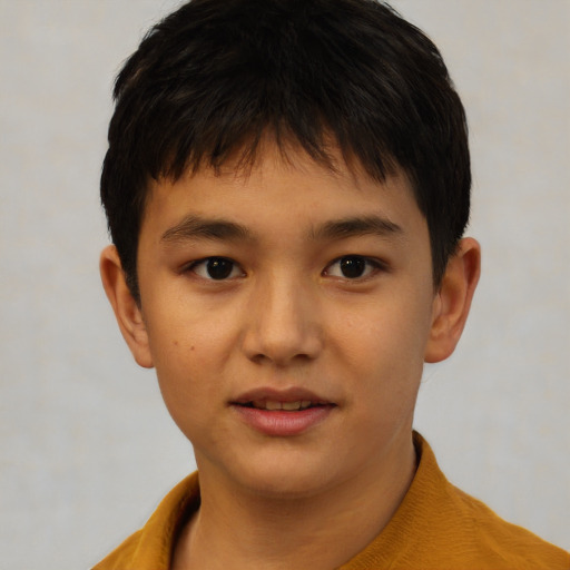 Joyful asian child male with short  brown hair and brown eyes