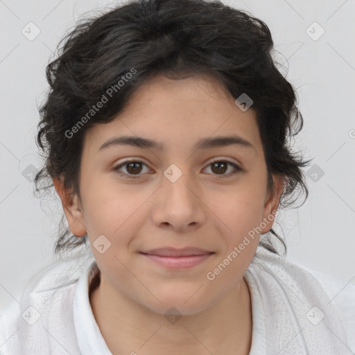 Joyful white child female with medium  brown hair and brown eyes