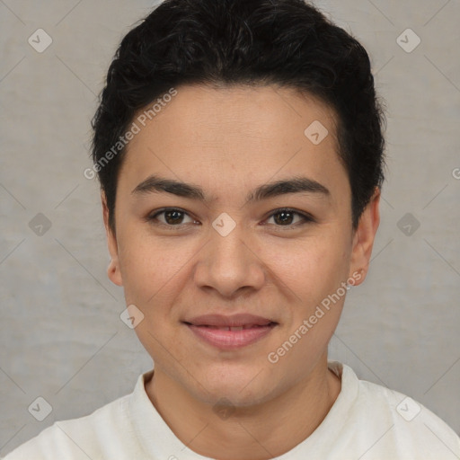 Joyful latino young-adult female with short  brown hair and brown eyes